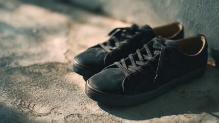 Naklejka premium Close-up of black everyday footwear on a rugged concrete surface with neutral lighting