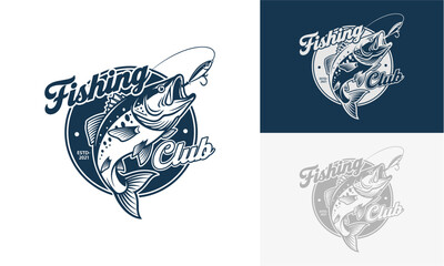 Fishing club emblem featuring a stylized fish logo in various backgrounds and design elements