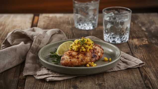 Charred chicken with corn salsa and lime on a wooden table alongside a napkin and glasses