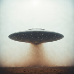 Obraz premium large silver saucer ufo hovering above a massive cloud of dust and smoke on a desolate brown apocalyptic landscape.