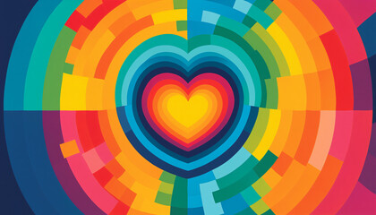 Obraz premium heated heart shape made of multiple concentric colored rings and arcs in a vibrant rainbow palette on a dark blue background