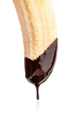 Fototapeta premium Fresh banana dipped in melted dark chocolate with dripping drop isolated on white background, sweet dessert concept.