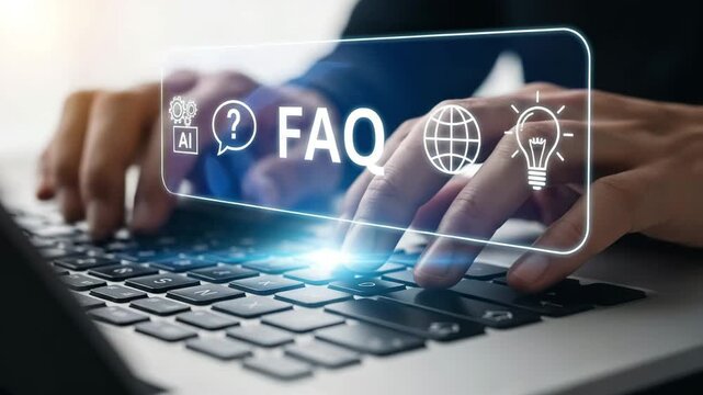 Person typing on a laptop with a faq hologram above the keyboard motion animated 4k video.