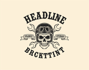 Obraz premium Vintage skull emblem featuring goggles and wrenches in a classic typographic design