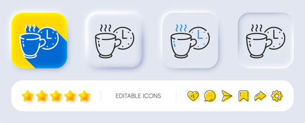 Fototapeta premium Coffee break line icon. Neumorphic, Flat shadow, 3d buttons. Breakfast hot tea sign. Coffee time symbol. Line coffee break icon. Social media icons. Vector
