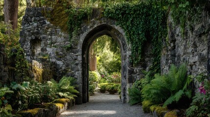 Fototapeta premium Historic stone arch framing a lush garden courtyard