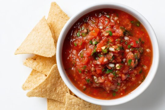 Overhead view of chunky tomato salsa in a white ceramic bowl with tortilla chips on a clean white background
