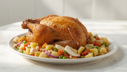 Roasted chicken accompanied by a traditional Russian salad. A delicious and healthy meal