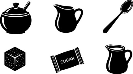 Collection of black sugar and cream serving icons on a white background