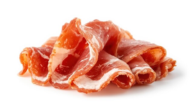 Cured Italian ham or Spanish jamon. Dried meat, set against a white backdrop. High-res photo