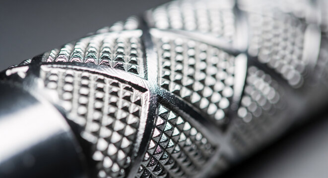 Extreme macro close up of textured silver metal knurling on gym barbell or dumbbell handle, industrial steel grip pattern with shallow depth of field, abstract shiny chrome fitness equipment detail