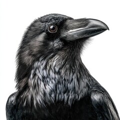 Fototapeta premium Close-up portrait of a black raven against a clean white backdrop