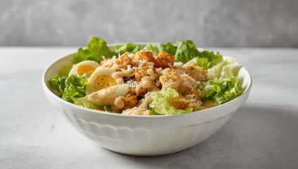 A traditional Caesar salad featuring fresh greens, croutons, cheese, eggs, and rich dressing