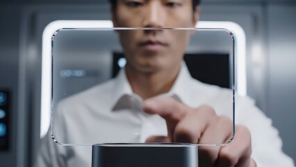 Asian male user interacts with transparent touchscreen displaying fingerprint recognition technology in a modern, high-tech environment with glowing elements and digital interfaces