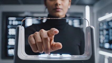 Female technology user interacts with a futuristic device, touching a screen that displays a glowing fingerprint in a modern tech environment