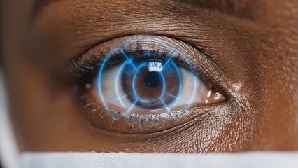 African woman with brown eyes wearing a face mask undergoes biometric scanning as digital graphics display access confirmation in a high-tech environment