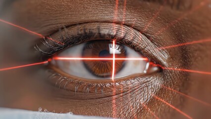 African womans eye with laser grid scanning for biometric access confirmation, showcasing progressive stages of eye recognition technology in a clinical setting