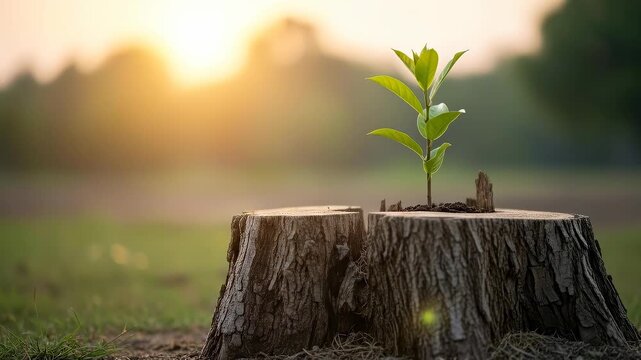 Timelapse growth: sapling emerges from old tree stump in sunlit forest