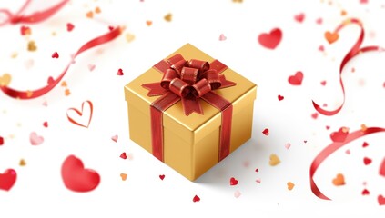 Isolated 3D illustration of a surprise gift box with a gold bow, cut out on a white background, suitable for Boxing Day or Valentine's Day celebrations
