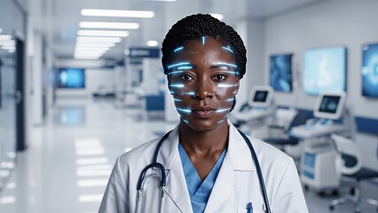 African female doctor in white coat with stethoscope displays facial recognition technology in hospital corridor, showcasing verification process and positive outcome