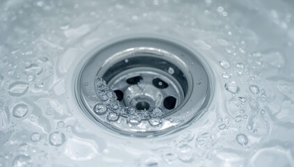 Detailed view of a sink drain with water and bubbles, ideal for cleaning and sanitation themes