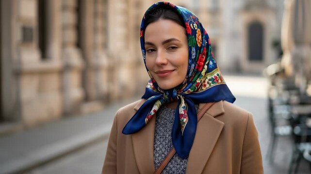 Elegant woman strolling a historic cobblestone street in vibrant scarf and tan coat