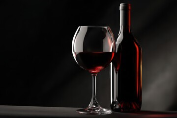 Studio-lit wine scene with bottle and glass on a black surface