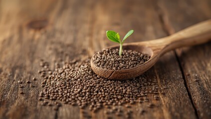Fototapeta premium wooden spoon with chia seeds and sprouting plant