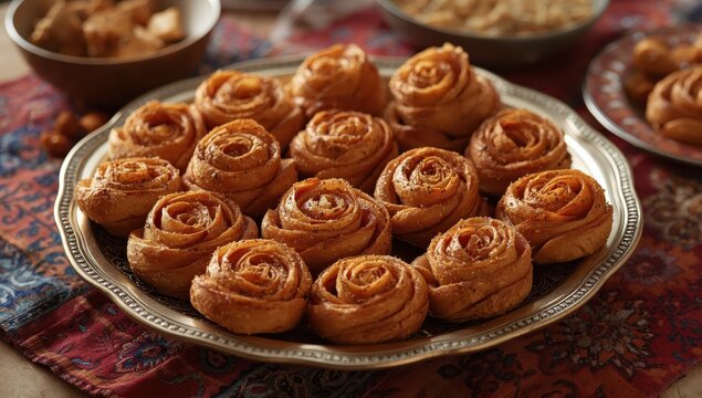 A large dish of tasty Moroccan Chebakia sweets on a textile table with a side dish. Chebakia is a rose-shaped pastry made from rolled dough