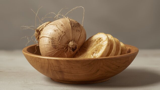 Dehydrated celery root slices in a wooden bowl. Celeriac, a root vegetable, features a swollen hypocotyl with tiny roots