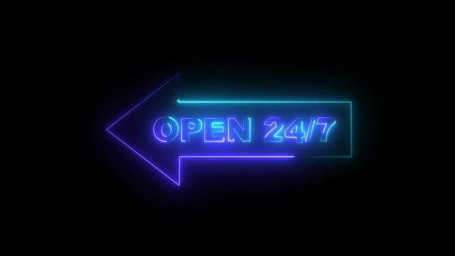 Neon Open 24/7 Arrow Sign Glowing Blue on Black Background Loop Animation .