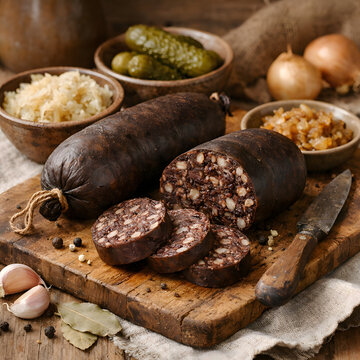 Rustic still life of traditional Spreewald gr&uuml;tzwurst on a wooden board with linen cloth, earthy tones and soft natural daylight. Realistic textures, authentic German food, no people.