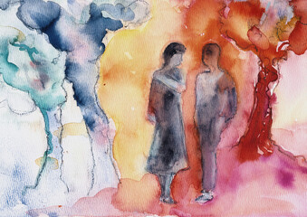 Hand Painted Abstract Watercolor of Two Human Figures, Emotional Distance and Human Connection