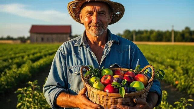 Farmer presenting freshly harvested apples in lush green orchard at sunset