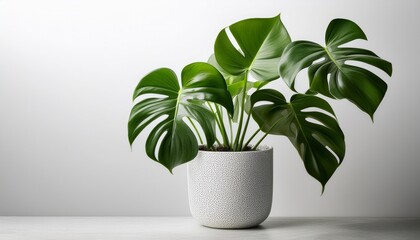 monstera plant in white speckled pot on white background