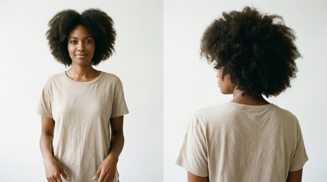 Woman with curly hair wearing beige t-shirt front and back view