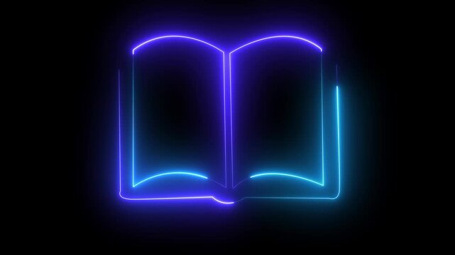 Glowing neon colorful vertical book icon animation. Glowing vertical book icon animation with neon open symbol on black background .