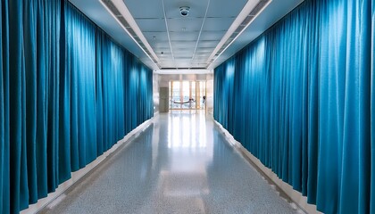 blue privacy curtains in a hospital corridor medical screen divider in a modern clinic interior healthcare and patient confidentiality concept