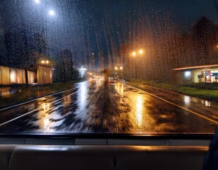 a rainy night view from inside of a bus