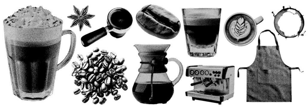 Set of coffee shop halftone grunge vector design elements