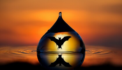 a unique silhouette of a bat perched atop a water droplet