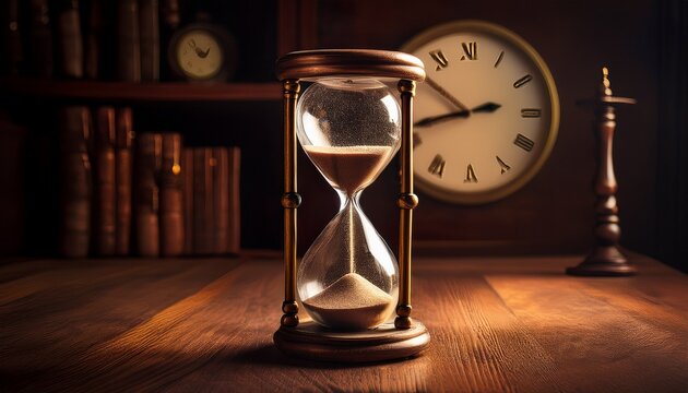 hourglass with sand running out as the clock nears midnight capturing the feeling of time running toward change