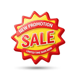 Obraz premium Sale Badge in Bright Yellow and Red with Bold Typography and Starburst Shape for Promotional Graphics