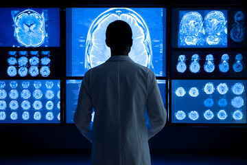 Doctor examines brain scans on a large display in a medical facility at night
