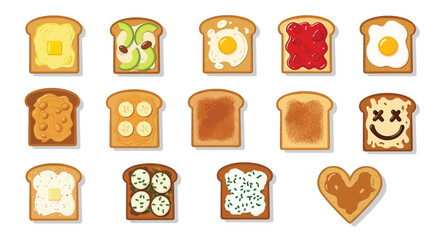 Variety of delicious toasted bread slices with assorted toppings a breakfast illustration
