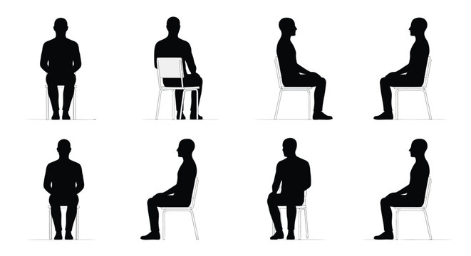 Diverse Male Silhouettes Seated in Chairs Demonstrating Various Poses and Perspectives for Design