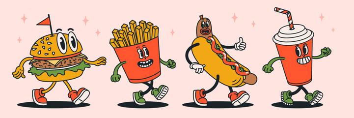 Fototapeta premium Food character set with groovy cartoon burger, fries, hot dog and soda cup in retro vintage style on light background. Food character vector illustration. Perfect for stickers, posters, packaging