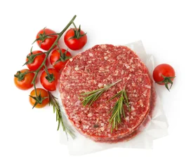 Fotobehang Onderzeeër Uncooked meat patties with rosemary and tomatoes isolated on white, top view  © New Africa