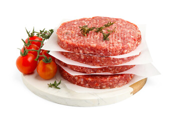 Uncooked meat patty with thyme and tomatoes isolated on white