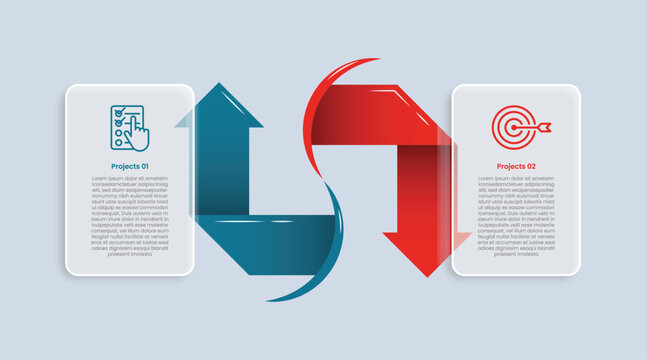 2 points comparison for infographic with glossy gradient style with vertical round box with arrow ribbon flipped shadow up and down with two point list information
